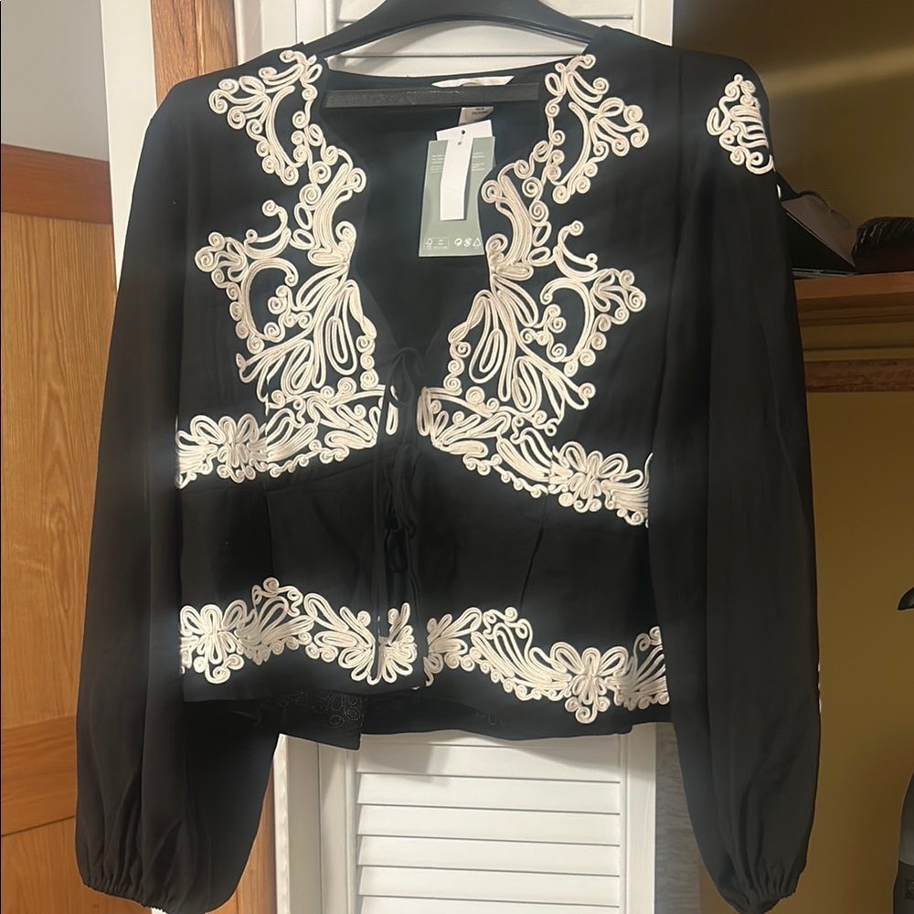 Black and Cream Embroidered Women's Top